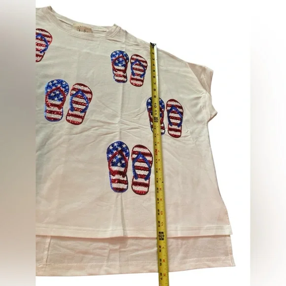 Fantastic Fawn Fourth of July stars & stripes sequins flip flops graphic tee s - Picture 6 of 9